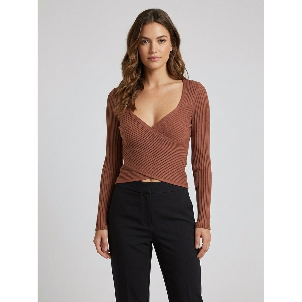 Abercrombie & Fitch Brown Ribbed Wrap Front Sweetheart Crop Sweater Size S